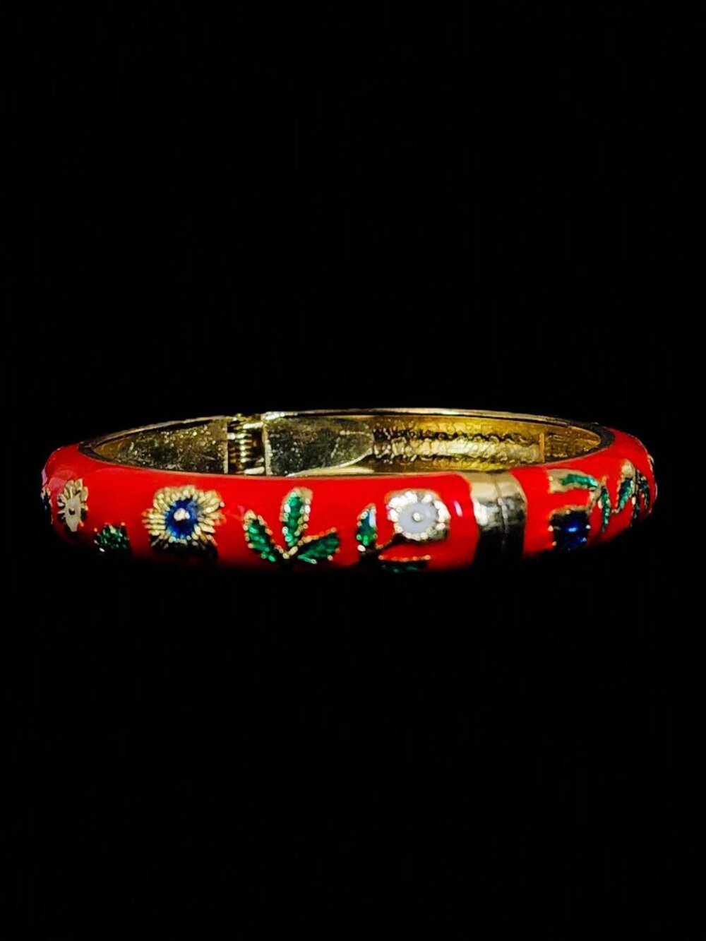 VTG 1980s Jiu Long Xing Red Enamel Floral Hinged Bangle Clamper Bracelet Unworn